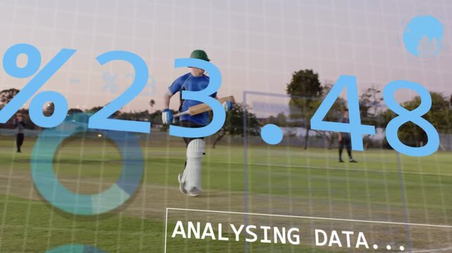 Batsman facing delivery, swinging bat and sprinting to score while sports data charts over pitch