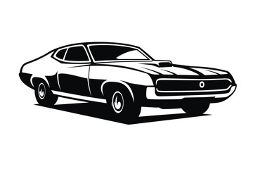 Obraz premium Vintage muscle car vector illustration, classic retro sports coupe silhouette, black and white automotive graphic for garage t-shirt design and posters