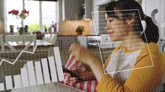 Woman on couch tapping phone, activating pie charts turning into tech bar dashboard analysing data