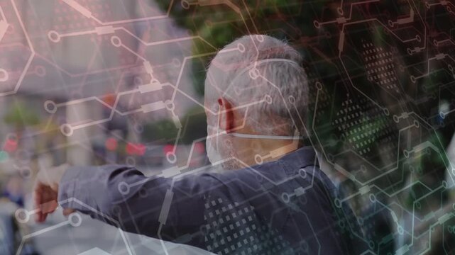 Senior white-masked man seeing person below, waving and turning, circuit overlay showing urban tech
