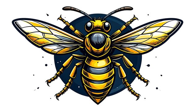 Vector art of a bee with striking yellow and black stripes against a dark blue circular background