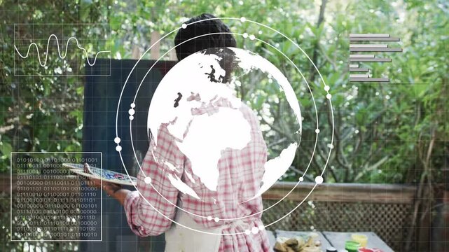 Painter lifting brush on start, AR HUD building globe and charts, visualizing tech data fading