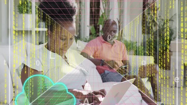 Woman typing laptop while man holding phone, cloud icons streaming binary and syncing technology