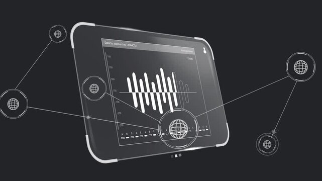 Single globe touching tablet starting network, rotating while nodes linking and showing data flow