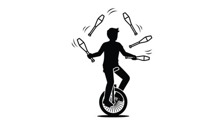 A juggler balances on a unicycle skillfully tossing clubs silhouette © adobeamena