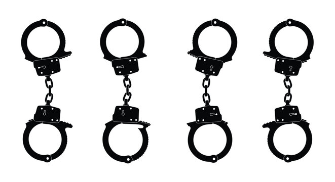 Four pairs of black handcuffs displayed against a white background silhouette