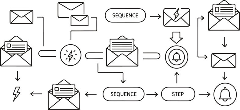 Email Marketing Automation Workflow Illustration with Sequence, Notifications, and Message Icons.