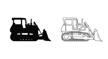 Bulldozer illustration with a detailed outline and contrasting silhouette © adobeamena