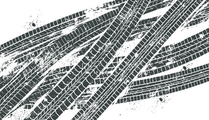 Obraz premium Abstract textured background of car tire tracks and skid marks on a white surface