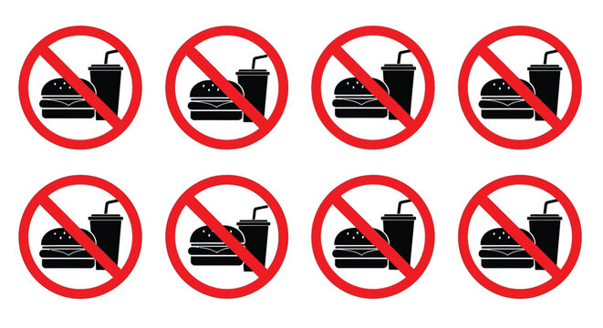 No food or drinks allowed a series of prohibition signs silhouette