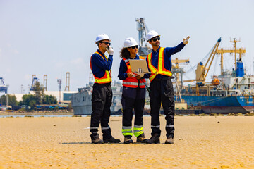 Fototapeta premium Engineers Reviewing Plans at Busy Shipping Port