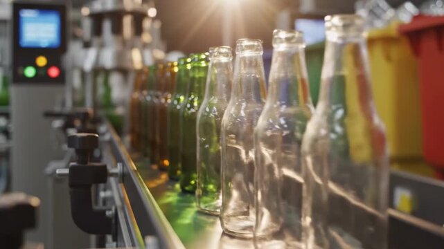 Green and amber beer bottles move along beverage factory conveyor near glowing control panel with blurred machinery background. Bottling line concept
