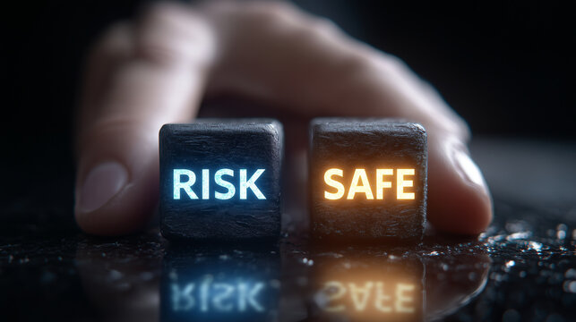A cinematic composition showing a finger pressing toward a shadowy black block engraved with the word "RISK," while a bright illuminated block labeled "SAFE" sits nearby, glowing w