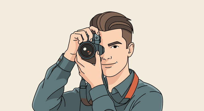 Man taking photo with camera illustration against neutral backdrop