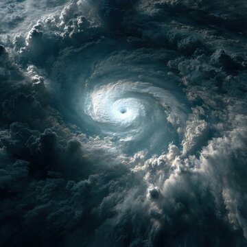 Satellite View of Dramatic Tropical Cyclone with Spiral Cloud Formation in Moody Natural Light from Space