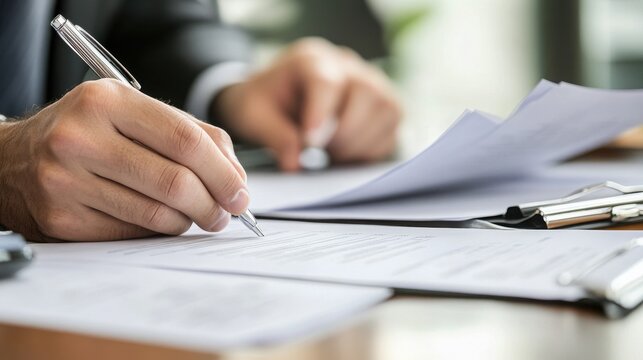 Close up of a businessman in a suit signing a contract or document with a pen reviewing important paperwork on a desk with shallow depth of field professional legal agreement