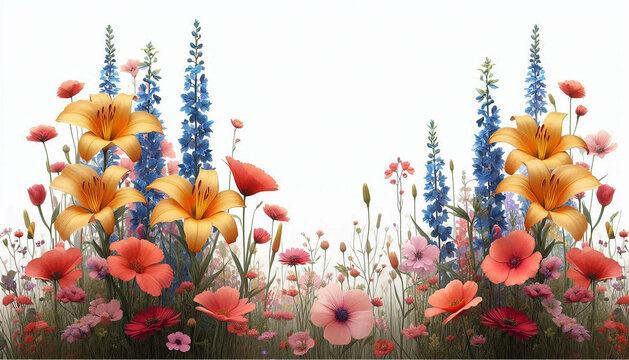 Vibrant garden scene with orange lilies, blue delphiniums, and red poppies in full bloom.