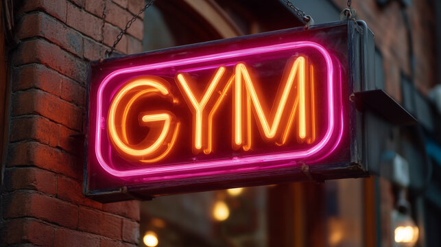 A retro-style neon "GYM" sign in warm orange and pink hues illuminating an old brick wall, the uneven textures catching and scattering the colored light, subtle shadows forming aro