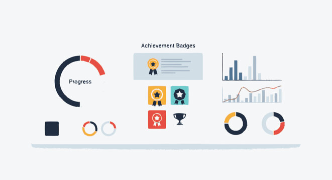 Business dashboard with progress charts and achievement badges