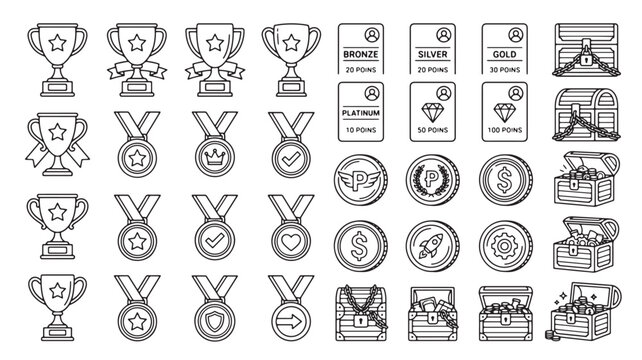 Trophies and medals represent a collection of reward icons designed for gamification and achievements.