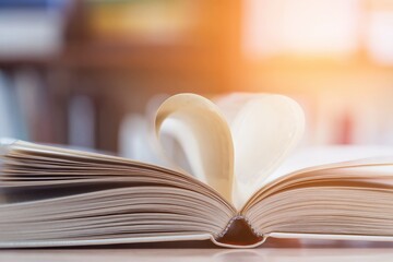 Fototapeta premium Open book with heart shaped pages on blurred background