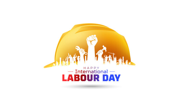 Happy International Labour Day, modern minimal text with a vector illustration of workers and a safety helmet.