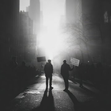 Activists holding protest signs on a foggy city street in early morning light
