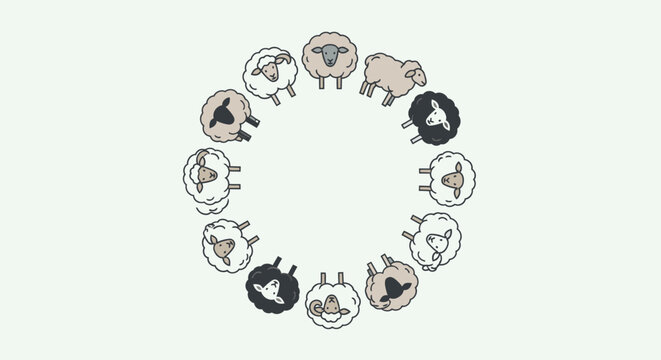 Cartoon sheep arranged in a circle concept illustration on a clean background