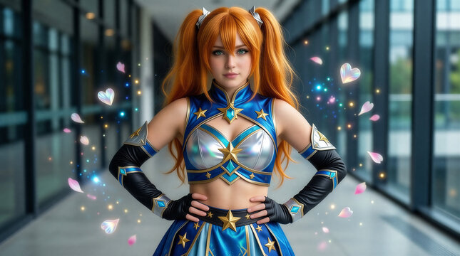 Female, cosplayer in anime costume with red hair and pigtails