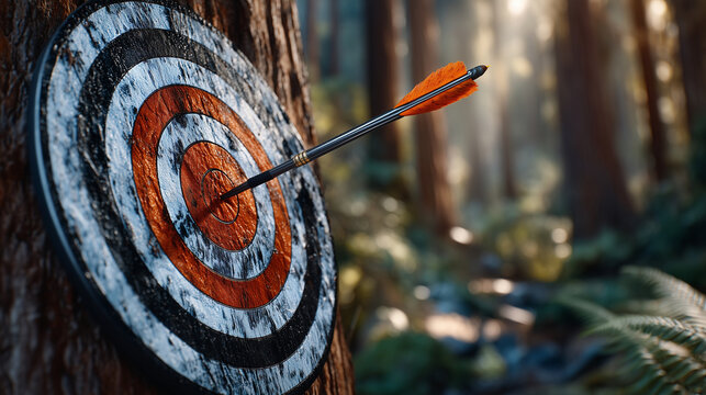 A dynamic perspective of an orange arrow landing perfectly in the bullseye of a vivid archery target mounted on a tree in a serene forest clearing, slight vibration in the target r