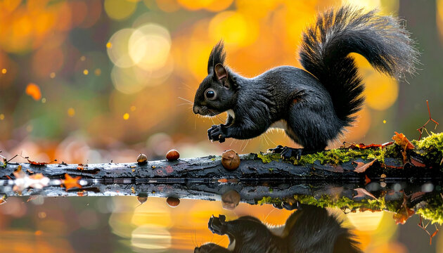 Black squirrel with nut on mossy log