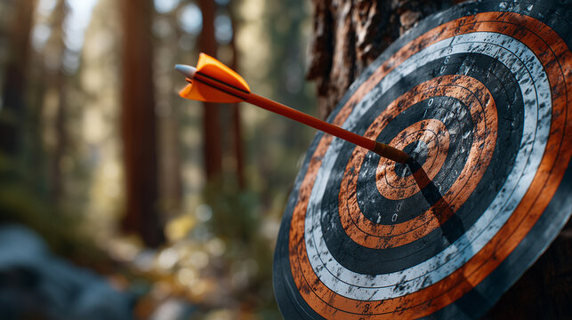 A dynamic perspective of an orange arrow landing perfectly in the bullseye of a vivid archery target mounted on a tree in a serene forest clearing, slight vibration in the target r