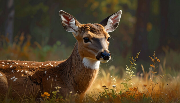 Alert fawn in meadow portrait close-up