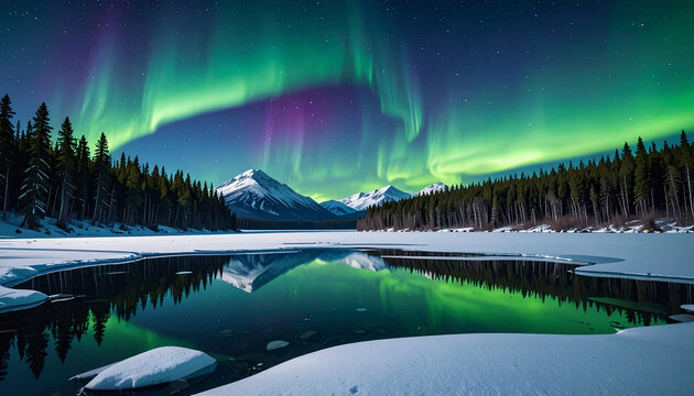 Aurora borealis di atas danau pada musim dingin
