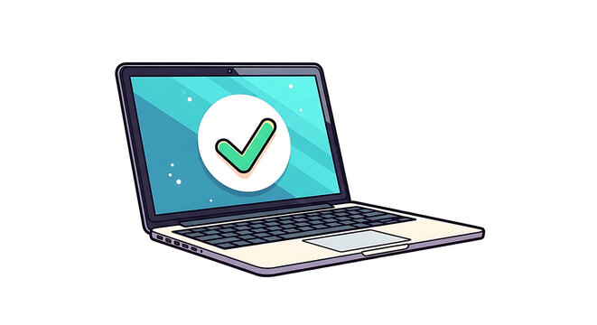 Flat of a laptop displaying a white thumbs-up symbol on a blue screen