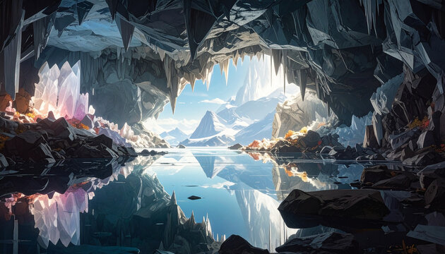 Cave opening view with mountains and lake