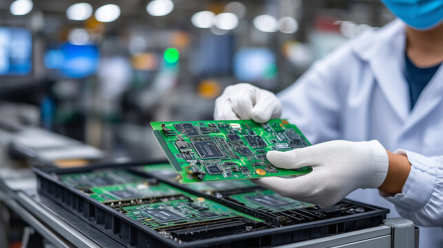 A highly detailed close-up of a technician wearing pristine white gloves carefully handling green printed circuit boards arranged in a factory packaging tray, fine copper traces an