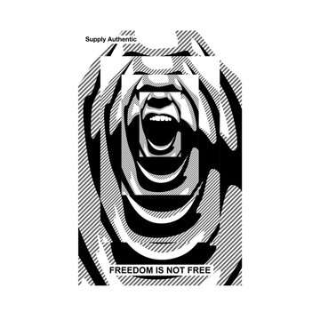 Optical illusion abstract face with hypnotic concentric circles streetwear style.