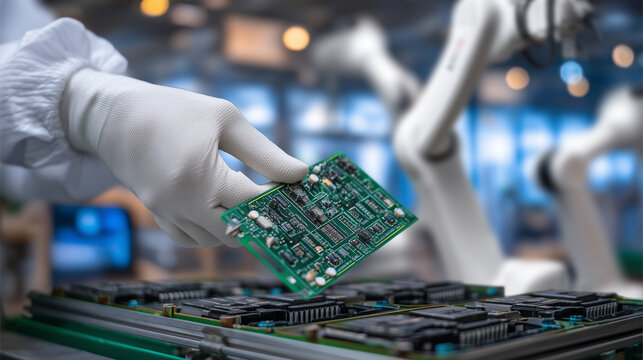 A detailed industrial close-up of a technician performing quality control on green PCBs, carefully rotating a circuit board in gloved hands, fine solder joints and microchips visib