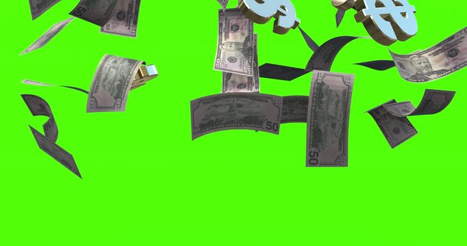 Us fifty dollar bills falling green screen money rain