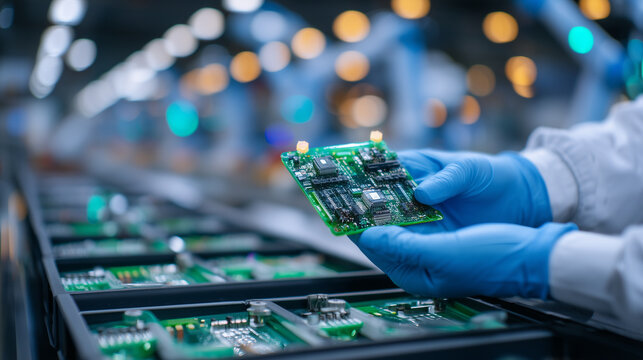 A detailed industrial close-up of a technician performing quality control on green PCBs, carefully rotating a circuit board in gloved hands, fine solder joints and microchips visib