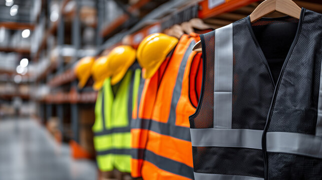 A detailed close-up of high-visibility vests and safety helmets aligned on a rack, vibrant colors contrasting with the muted industrial background, textured fabric and hard plastic
