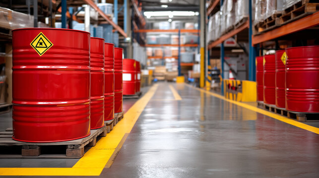 A wide industrial storage facility interior featuring multiple red chemical containers aligned in safety zones, each marked with flammable hazard symbols and warning labels, reflec