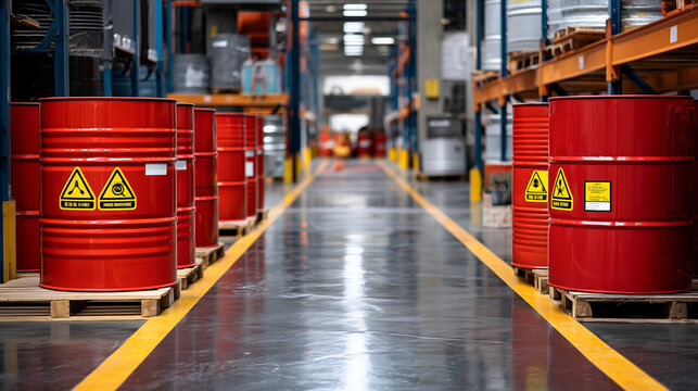 A wide industrial storage facility interior featuring multiple red chemical containers aligned in safety zones, each marked with flammable hazard symbols and warning labels, reflec