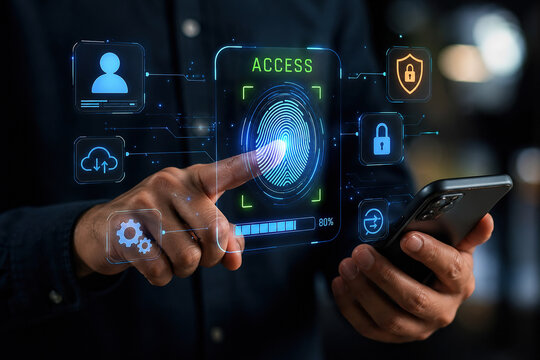 User engages with digital security measures on phone using fingerprint access technology