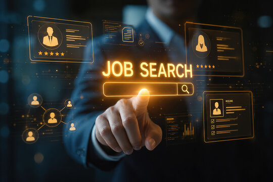 Job search process with digital tools and online profiles in office setting during daytime hours