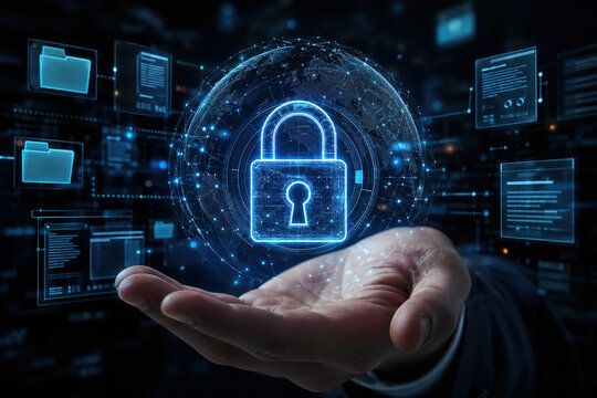 Digital security concept with a lock symbol and data information displayed in a futuristic setting with glowing effects