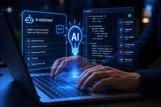 Coding session with AI assistant helping to generate code, fix bugs, and offer suggestions at a desk in a dark room