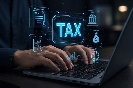 Hands work on a laptop with a focus on tax-related documents and financial graphics in an indoor space during evening hours