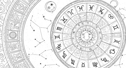 Detailed astrology wheel illustration with zodiac signs and celestial constellation pattern design